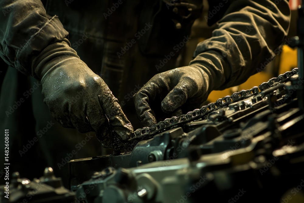 Poster skilled mechanic working with chain and engine components in workshop