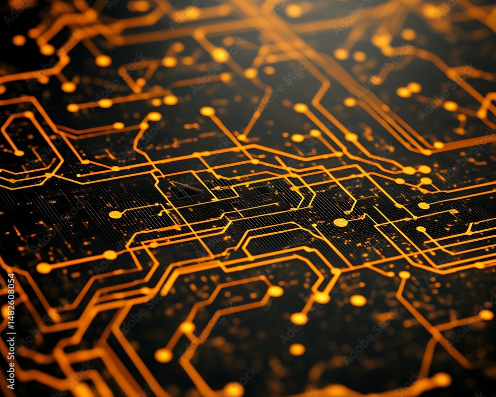 Poster glowing orange circuit board with intricate and complex pathways rendered
