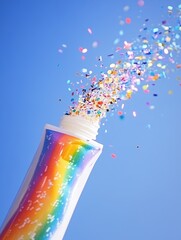 Colorful rainbow art with sparkling water effects against clear blue sky