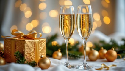 Celebratory toast with champagne glasses and gift box cozy indoor setting festive atmosphere holiday cheers