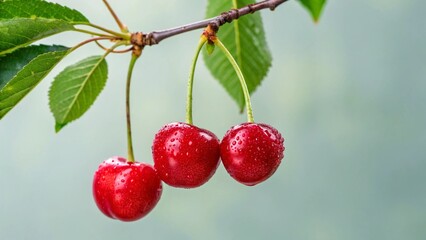 Three plump, ripe red cherries glistening with fresh water droplets, hanging from a natural branch against a soft pink background, symbolizing freshness, summer, and healthy fruit.
