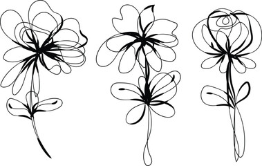 Three Abstract Line Art Flowers Black and White Minimalist Botanical Illustration