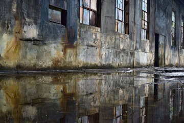 Fototapeta premium Abandoned Industrial Buildings with Rust and Water Reflection in the Passageway.