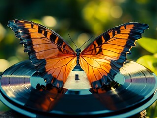 Close up of a colorful butterfly on a shallow water pool surrounded by lush greenery