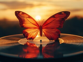 Beautiful orange butterfly sitting near water at sunset with vibrant colors and tranquil atmosphere