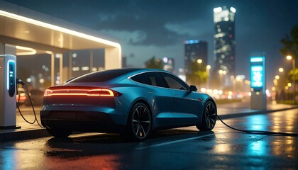 Electric car parked at charge station in night city