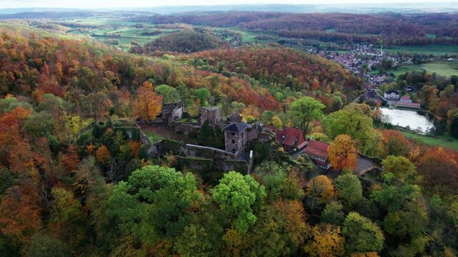 Aerial view ruins of old castle. Ruin of Hohnstein Castle, Harz mountains, Germany.