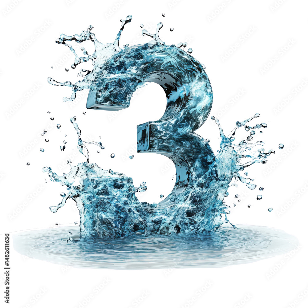 Poster vibrant three number ice sculpture with splashing water droplets creating dynamic cool visual effect