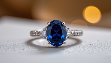 Elegant blue sapphire ring displayed jewelry store product photography indoor setting close-up luxury concept