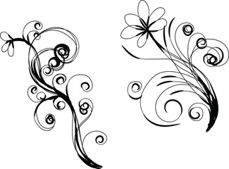 Two Elegant Black Floral Swirl Designs Isolated on White Background