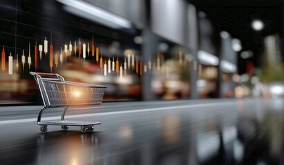 Shopping Cart on Urban Street With Stock Market Graph in Background During Evening Hours