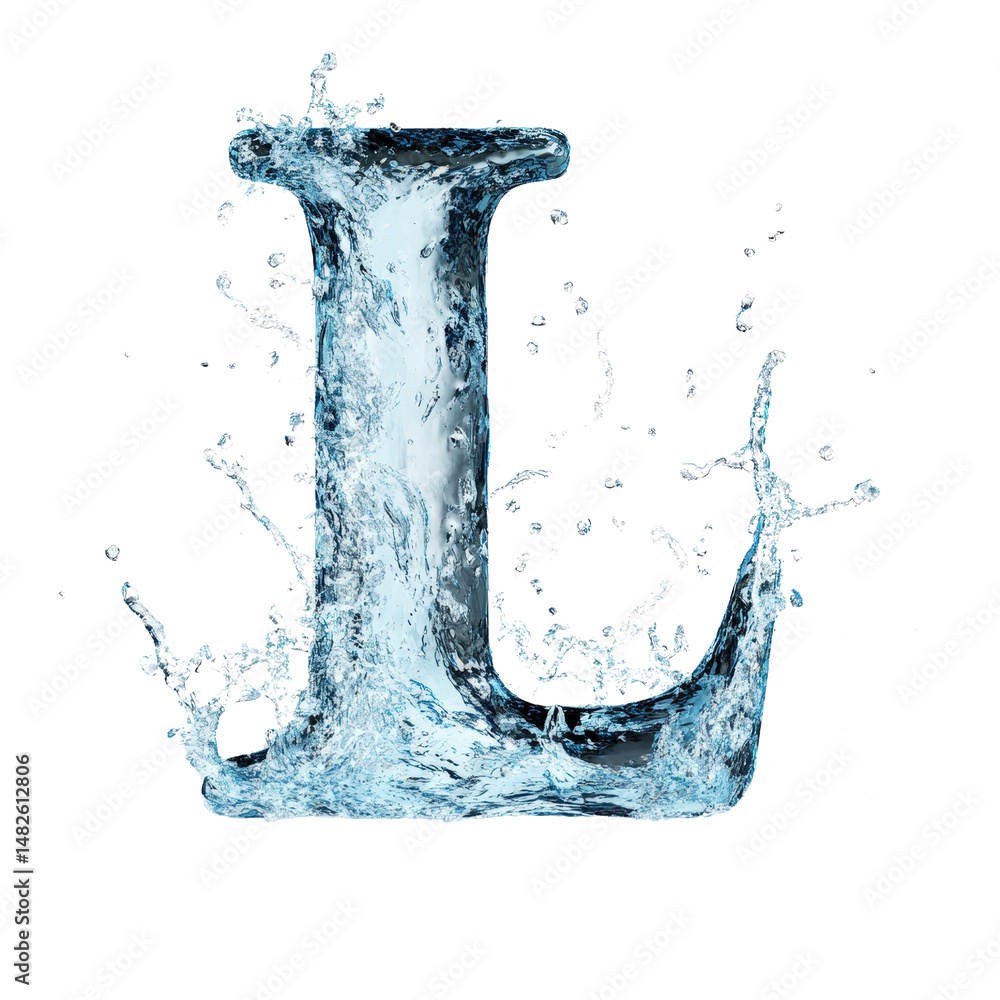 Poster letter l formed with splashing water in motion creating dynamic effect and high contrast visual
