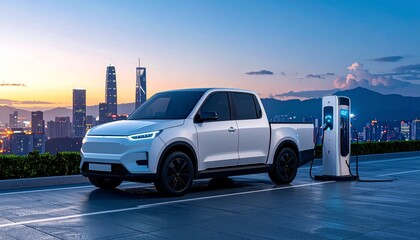 Electric pickup truck parked at charge station