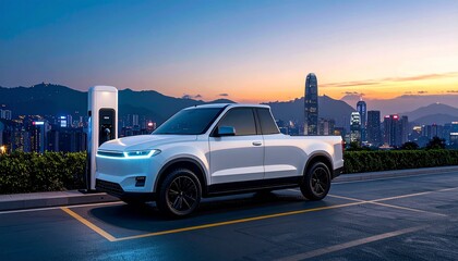 Electric pickup truck parked at charge station