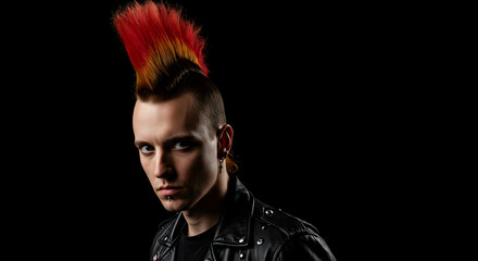 Man with Red and Yellow Mohawk and Black Studded Leather Jacket Against Black Background