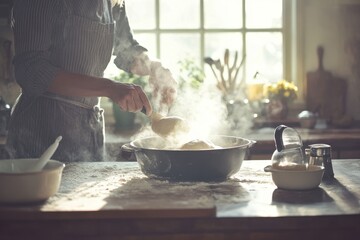 Woman Preparing Dough in Cozy Kitchen with Flour and Steam