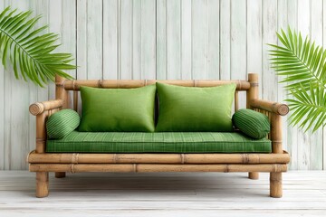 Wooden bamboo couch with green cushions against a white wooden wall and tropical leaves
