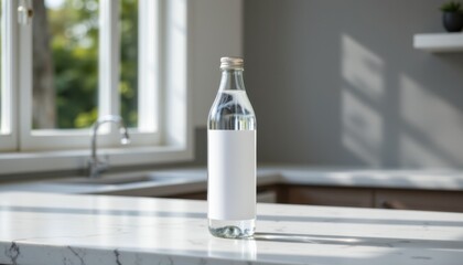 Refreshing glass bottle of water on kitchen counter modern home interior still life natural light