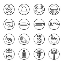 Beach icons . Holiday and Tropical Beach web icon in line style. Summer,Travel, Vacation, island, jellyfish, crab, shark, starfish, banana boat, surf, Icon Pictogram Collection Vector illustration