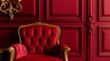 Luxurious red velvet armchair is elegantly positioned against rich red paneled wall, showcasing intricate gold detailing and classic design that exudes sophistication and warmth