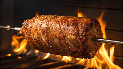Dynamic scene of meat on a skewer cooking over a blazing fire, with scattered sparks creating a dramatic effect, representing traditional grilling and hearty meals.
