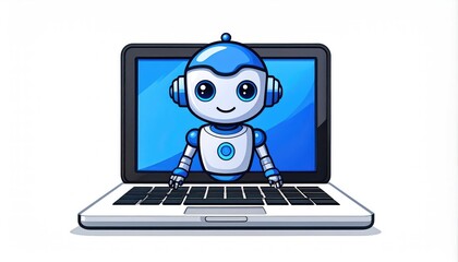 Friendly Robot Emerging from Laptop Screen: A Cheerful Digital Illustration