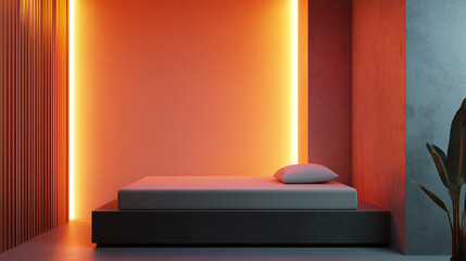 Modern bedroom featuring minimalist design with sleek bed, illuminated by warm gradient wall. ambiance is calming and inviting, perfect for relaxation and rest