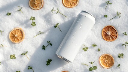 White Soda Can with Condensation, Surrounded by Orange, Lemon, and Grapefruit Slices on snow Surface