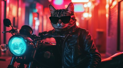 Stylish feline biker posed on a motorcycle at night.