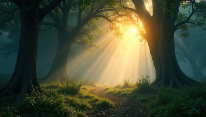 Fototapeta premium Enchanted forest at dawn, sunbeams filtering through ancient trees, mystical fog , landscape, fairytale, calm