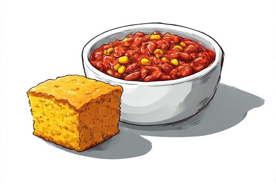 Hearty Chili  Cornbread Comfort Food Illustration with Bowl, and White Background.