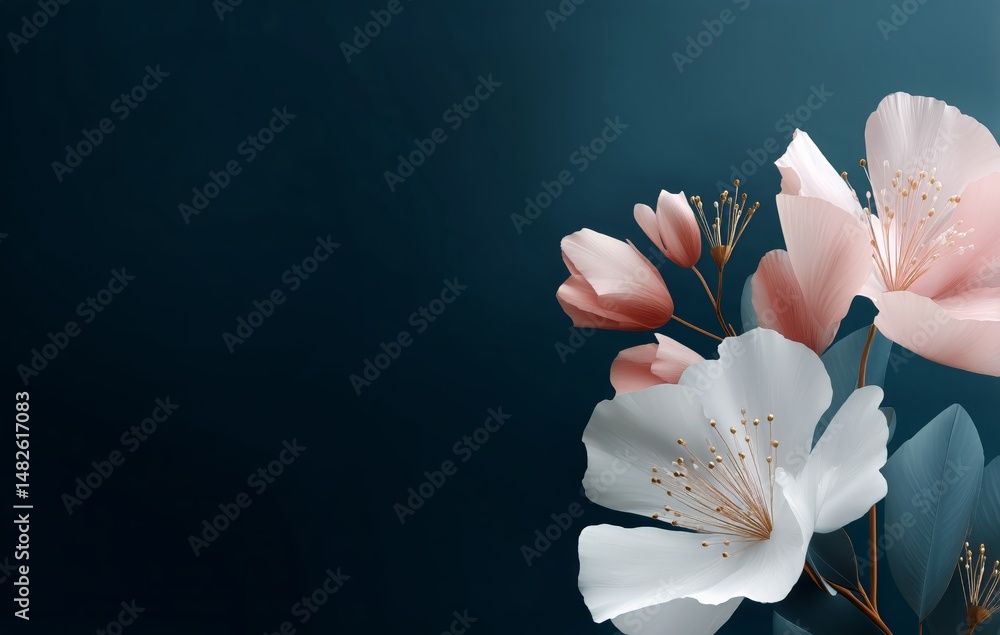 Poster delicate blooms in soft colors on a dark background during a calm spring evening
