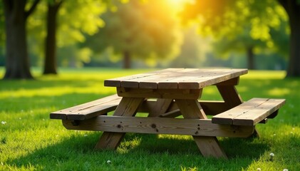 Naklejka premium Rustic wooden picnic table in a sunny park setting , landscape, natural setting, calm