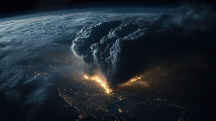 Vast dark cloud over a planet's lit surface.