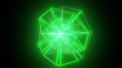 Glowing green energy sphere with digital threads and polygonal shape on a dark background