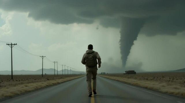 A lone figure walks towards a towering tornado on an open road, showcasing nature's raw power and unpredictability.