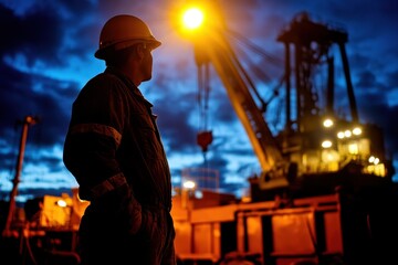 Worker Overseeing Heavy Machinery at Dusk on Construction Site