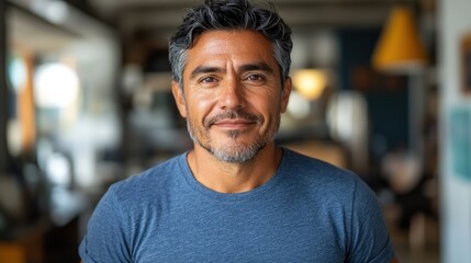 Obraz premium Portrait of a middle-aged man with graying hair, smiling gently, wearing a simple blue t-shirt. The background is softly blurred, suggesting an indoor setting.
