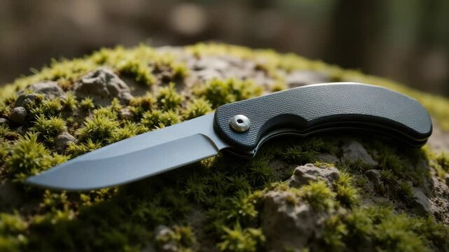 A sleek folding knife rests on a mossy rock, showcasing its sharp blade and ergonomic handle in a natural setting.