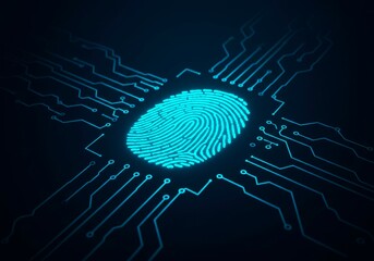 Turquoise color finger print scanning with glow digital network connections on dark background with copy space. Biometric identity authentication and secure access using fingerprint technology poster