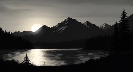 Serene Monochrome Mountain Lake: Digital Painting