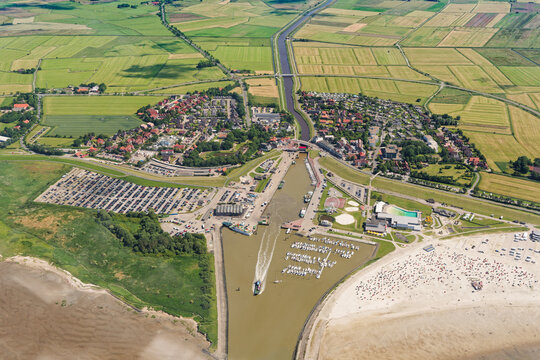 Bensersiel. Aerial view of the North Sea resort on the Wadden Sea in the district of Wittmund in Ostfriesland, East Friesland, Lower Saxony, Germany.