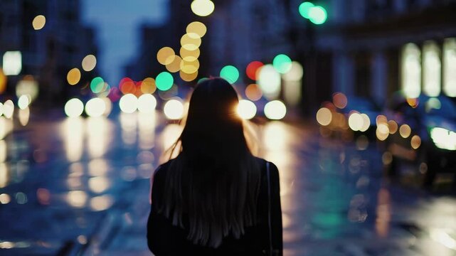 Woman standing on wet night city street with glowing bokeh lights, cinematic moody atmosphere of loneliness, reflection and emotional solitude in urban space