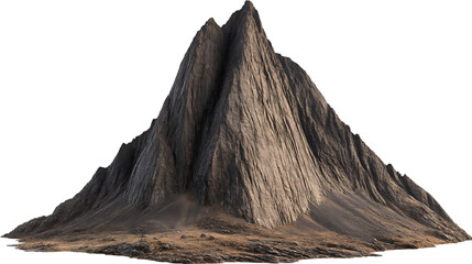 Rough textured mountain peak rises dramatically with distinct ridges and a small rocky base against a transparent background, showcasing its rugged formation.