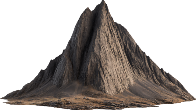 Rough textured mountain peak rises dramatically with distinct ridges and a small rocky base against a transparent background, showcasing its rugged formation.