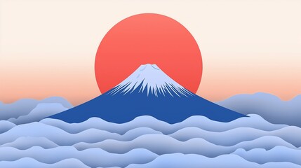 Majestic Mount Fuji rises above clouds with a vibrant sunset in a serene landscape