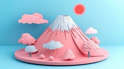 Colorful paper mountain with pink trees and a red sun during daylight