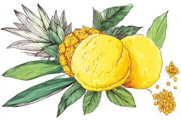 Refreshing Pineapple and Lemon Sorbet: A Tropical Delight with Vibrant Yellow Hues and Lush Green Foliage, Hand-Drawn Illustration