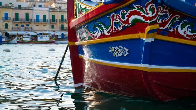 In the Mediterranean fishing village of Marsaxlokk, Malta, traditional eyed colorful boats known as Luzzu can be found in the harbor