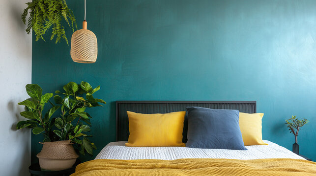Modern boutique style bedroom featuring vibrant teal wall, cozy bedding with yellow and blue pillows, and lush greenery. space exudes calm and inviting atmosphere